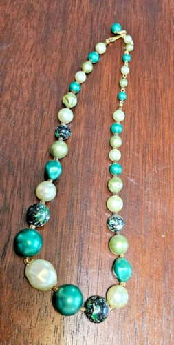 Vintage Green Tones Plastic Beaded Necklace Made i