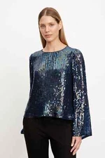 VELVET By Graham & Spencer Evie Long Sleeve Sequin Top Baltic S $268 F10