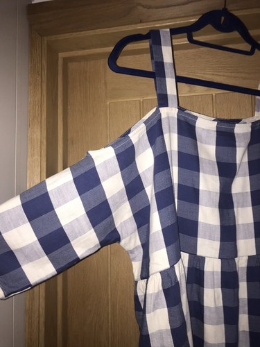 Topshop Tall Blue Gingham Check Mini Smock Dress UK 10 Cold Shoulder - Picture 10 of 12