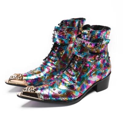 Mens Metal Pointed Toe Lace Up Ankle Boot Shiny Chelsea Boots Party Dress Shoe