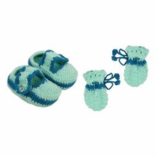Hand Knitted Woolen Booties Mitten Set New Born Baby Soft 0-3 Months Green Pair