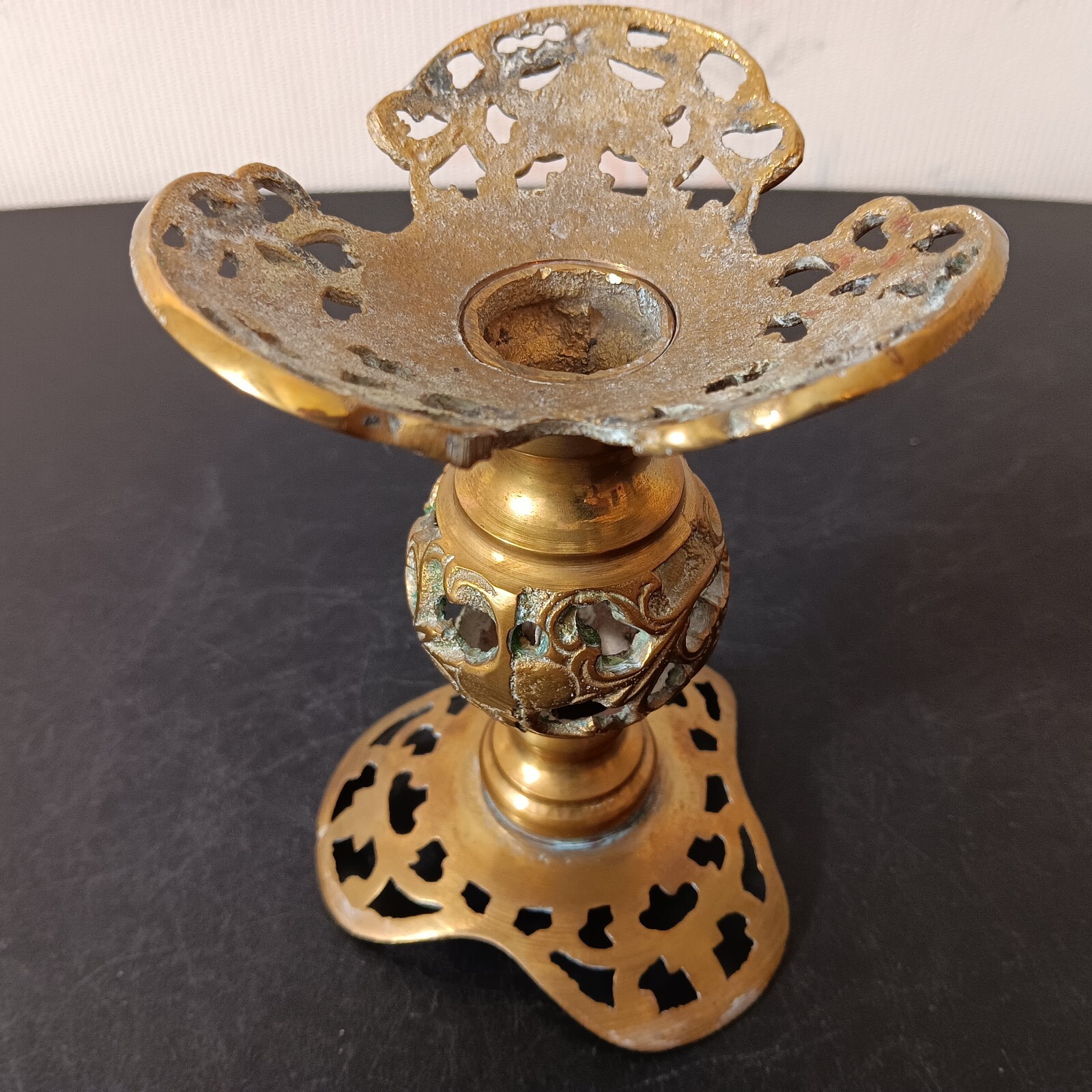 5 1/4" Tall By 3 1/4" Wide Ornate Antique Brass Filigree Tapered Candle Holder