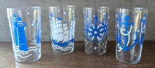 Vintage Libbey Blue and White Nautical Juice Glasses, 4.5" Tall, Set of 4, Rare