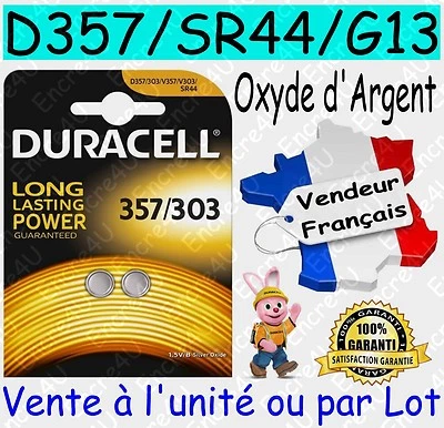 Piles boutons SR44 D357 G13 DURACELL Oxyde Argent - Montre Bijouterie Horlogerie