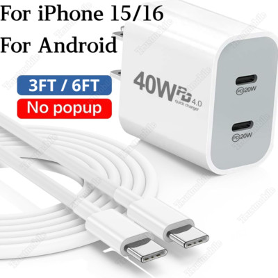 For iPhone 15 16 Pro Plus Samsung 40W Dual USB-C Fast Charger Block Type-C Cable