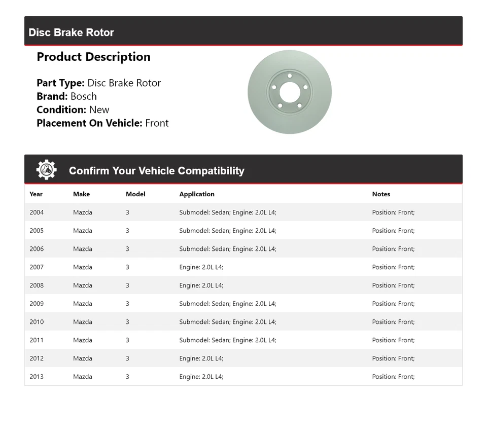Rotor de freno de disco delantero para Mazda 3 2004-2013 2,0 L L4 Bosch QuietCast 2005 2006 Foto 2 de 4