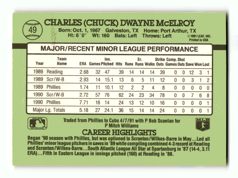 Chuck McElroy 1991 Donruss The Rookies #49 Chicago Cubs Mint - Image 2 of 2