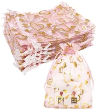100PCS Pink Organza Gift Bags 5''X7'' Sheer Heart Mesh Drawstring Jewelry Pou...