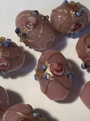 Vintage Indian Wedding Cake Foil Lampwork Beads Pink 15-16mm 9pcs NOS