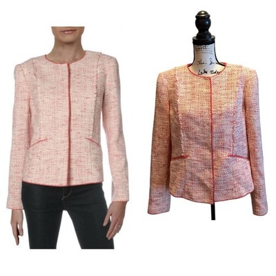 Elie Tahari Alianna Tweed Fringe Blazer Jacket Red White Size Large Womens