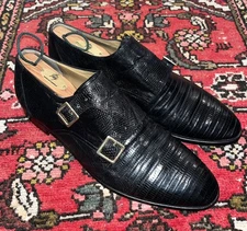 Mens Mauri Vintage Black Genuine Lizard  Double Monk Strap Shoes, Sz 10.5M