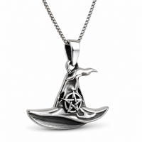 "Hexenhut Pentakel AnhäNger Halskette 925 Silber 18\" Kette Hexenschmuck & Box"