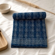 Unique Kantha Quilt Block Print Bedspread Cotton Blue Indigo Bedcover