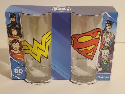 DC COMICS AUCHON SUPERHERO LOGO DRINKING GLASS SET/2 SUPERMAN WONDER WOMAN