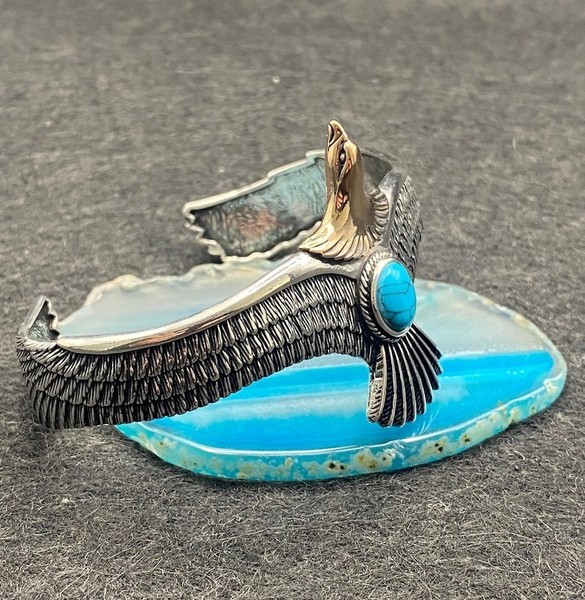 Alternate view of Handcrafted Silver Eagle Cuff Bracelet Turquoise Gold Plated Eagle Head