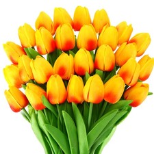 30 PCS Gold Yellow Tulips Artificial Bouquet Real Touch Faux Flowers Decor