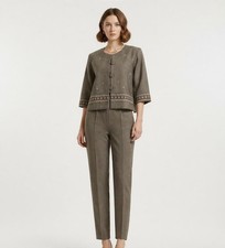 Brown Embroidered Two-Piece Set M Button Up Top Tailored Pants Floral Boho S/M