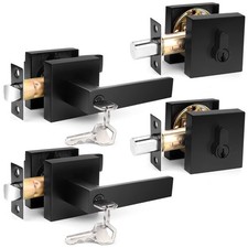 Square Entry Levers and Single Cylinder Deadbolts Combo Pack, Flat Black Keye...