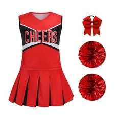 LMYOVE Girls Cheerleader Costume: Red  Black Outfit w/ Poms - Kids 3-4 Years