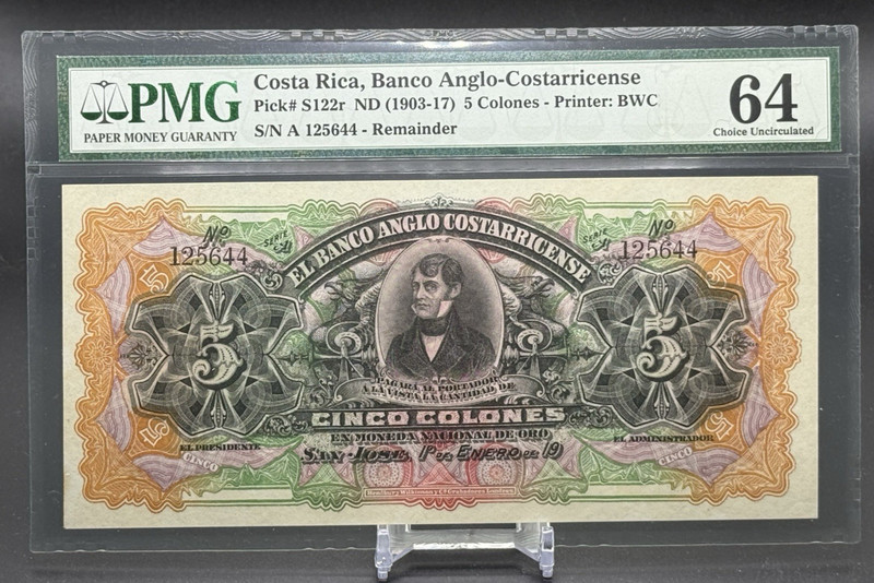 Costa Rica 5 Colones 1903 - 17 Pick # S122r PMG 64 Choice UNC