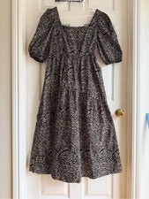 Mango Midi Dress Size 8 Black Beige Zebra Abstract Print Puff Sleeve Cotton