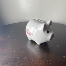 Ceramic Piggy Bank with White and Pink Floral Design Animal Theme missing cork