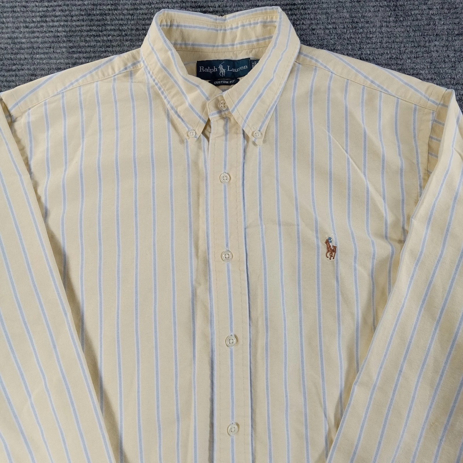 Polo Ralph Lauren Custom Fit Oxford Shirt Mens XL Yellow Blue Striped Flesh Pony