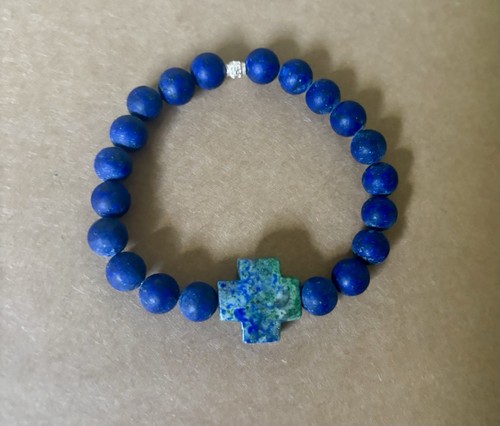 Matte Onyx Beaded Men's Cross Bracelet Azurite Grade AAA Cross Sterling Silver - Picture 6 of 8