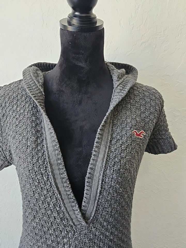 Vtg Y2k Womens Sz Lg Hollister Hooded Sweater Dress Long Sleeve Gray Deep V Neck - Image 2 of 4