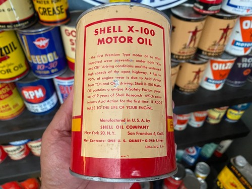 VINTAGE~ FULL NOS SHELL X-100~ NICE 1-QUART MOTOR OIL CAN! EXCELLENT CONDITION! - Picture 6 of 24