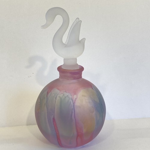 Vintage handbemalter Rueven Glas Parfüm runder Flakon Kunst 5" Schwan Stopfen Rarität - Bild 1 von 10
