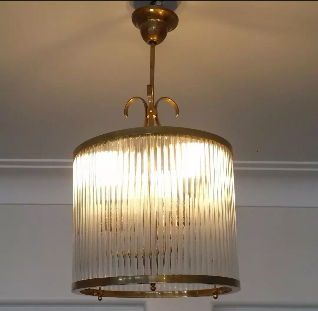 VINTAGE ART DECO BRASS GLASS ROD CEILING FIXTURE CHANDELIER SHIP