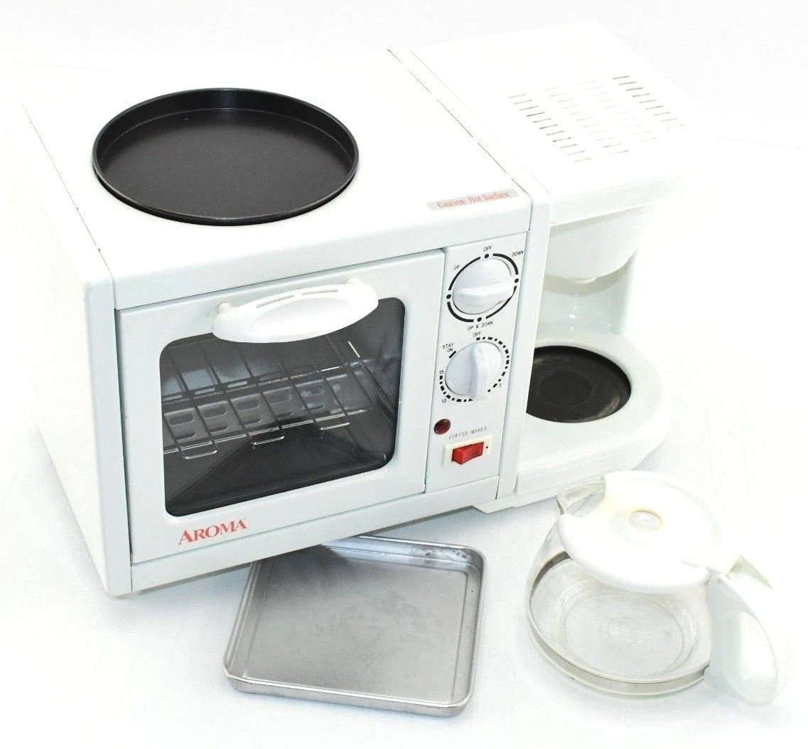 Aroma 3-in-1 Mini Toaster Oven + Coffee Maker Griddle Machine, ABT-103 W,  White