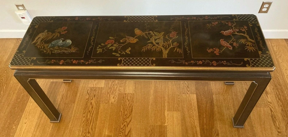 Mesa Consola Henredon Asiática Lacada Pájaros en Árboles Diseño Chinoiserie  Foto 4 de 4