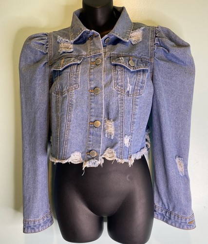 Denim Blvd Los Angeles Women’s Distressed Cropped Jean Jacket Raw Hem Medium