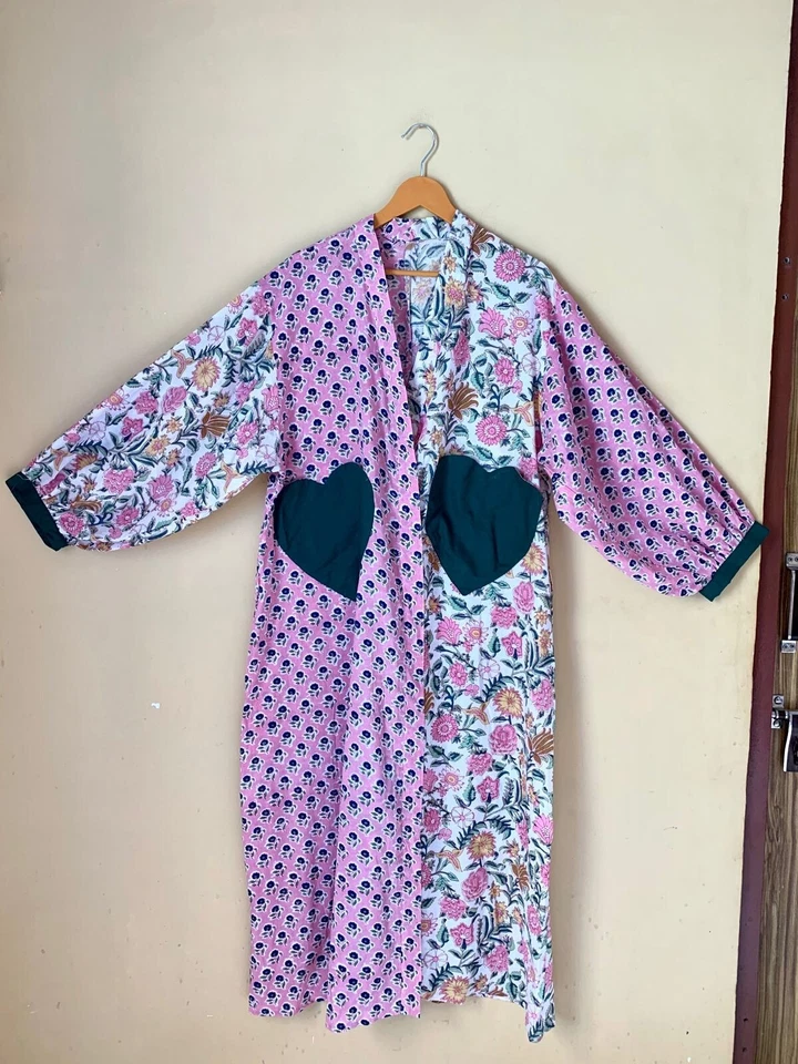 Hermosos estampados de bloques de algodón y kimono de algodón de verano y bolsillo de corazón verde Foto 4 de 4