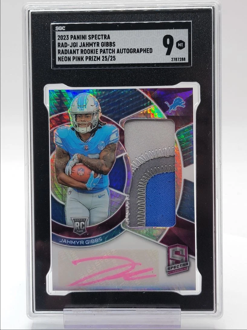Jahmyr Gibbs Panini Spectra Radiant Rookie Patch Signatures #RADJGI Neon Pink