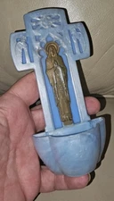 Vintage Blue Marbleized Plastic Mary Nimbus Holy Water Font Wall Hanging 6"