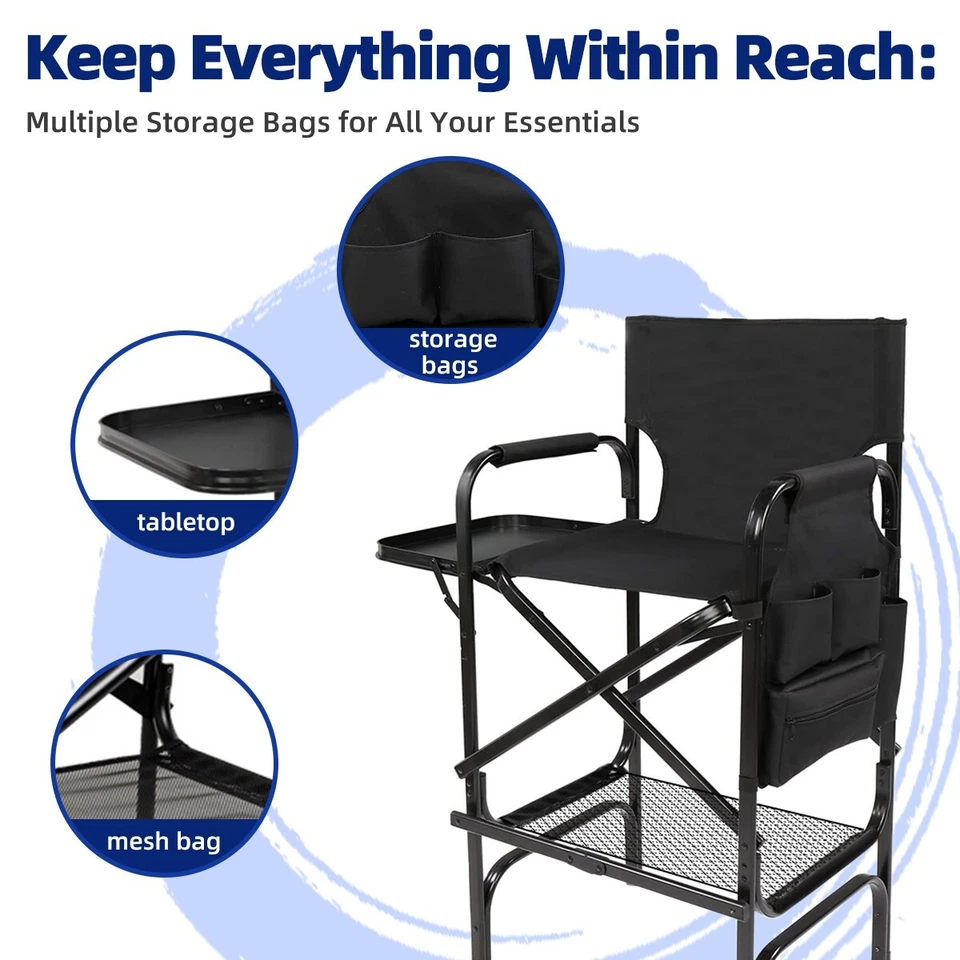 Tall Directors Chair, Folding Makeup Chair with Folding Tabletop Storage Bags - Image 3 of 4