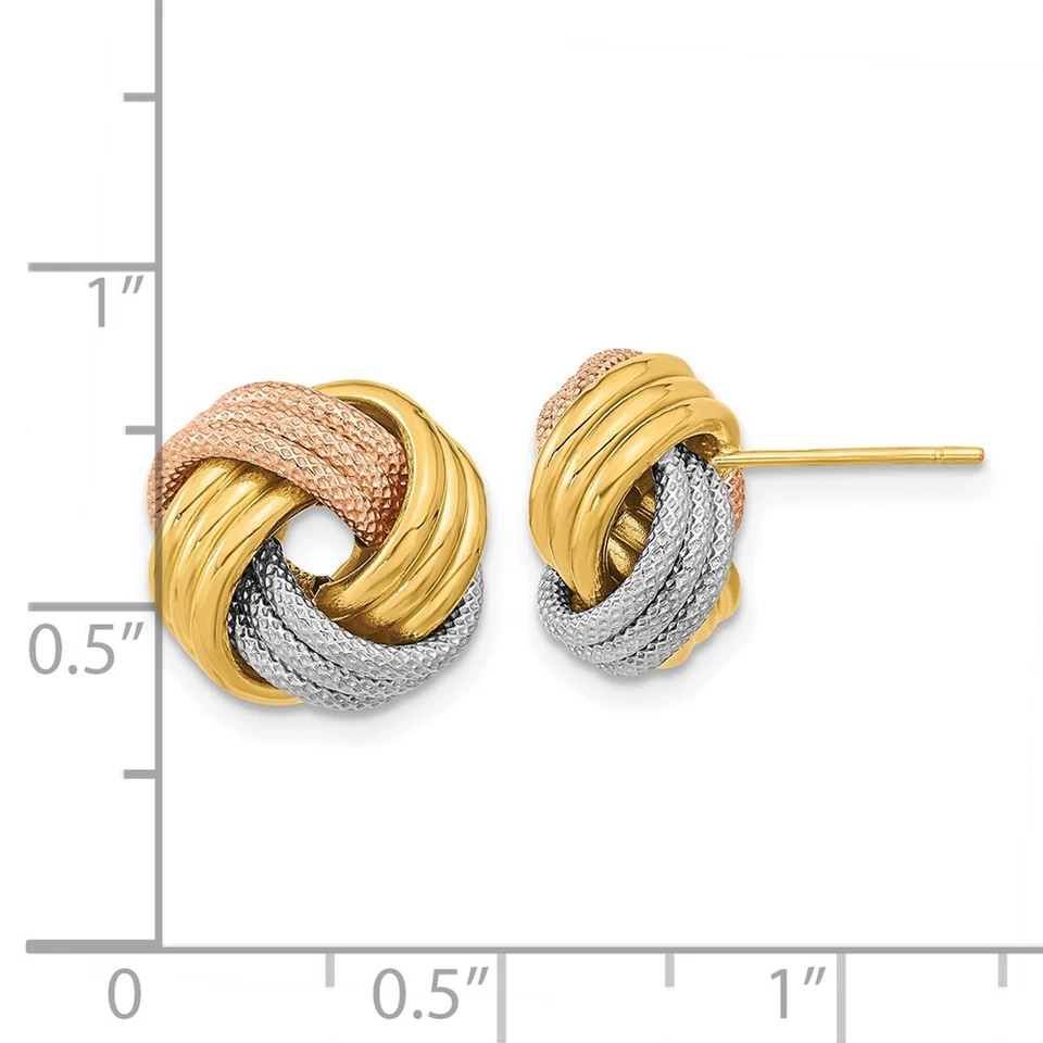 Pendientes de nudo triple amor texturizados con polo de rodio blanco y rosa de 12,5 mm de oro de 14 k Foto 3 de 4