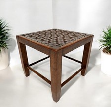 ARTS & CRAFTS ANTIQUE OAK LEATHER STRAPPED STOOL / FOOTSTOOL COTSWOLD / LAKES