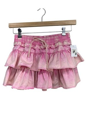 Day + Moon Pink Acid Washed Jean Denim Ruffle Tier Skort Skirt Small