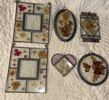 Vintage Leaded Stained Glass Suncatchers Lot of 5 Pressed Dried Flowers Wall Art