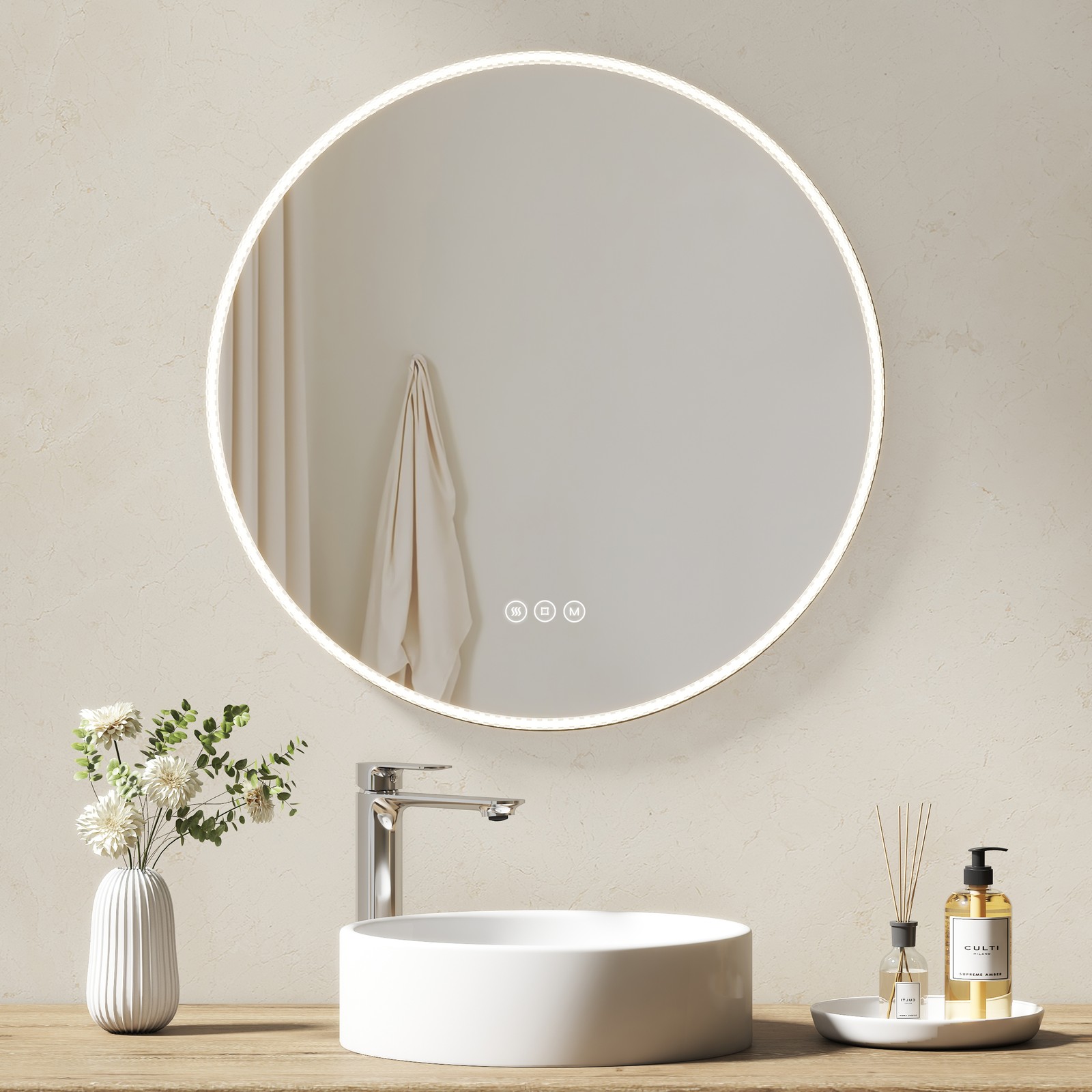 EMKE Round Bathroom Mirror With 3 LED Lights Dimmable Demister Illuminated 60cm