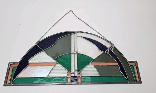 Vtg Stained Glass Hanging Suncatcher Glass Art Half Moon Geometric Purple Teal - Picture 3 of 7