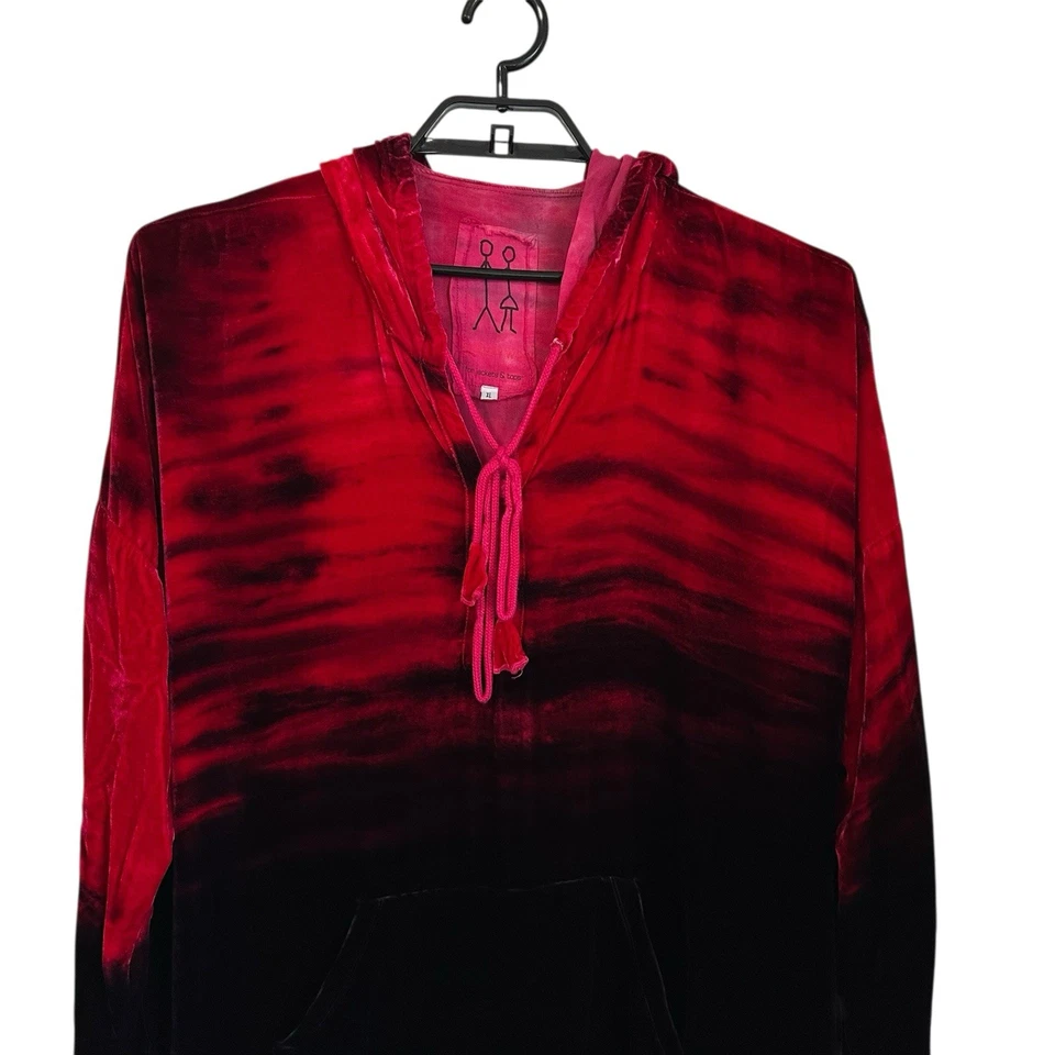 Johnny Was Womens Velvet Ombré Pullover Hoodie Sz XL Red Purple Relaxed Tassel - Image 3 of 4