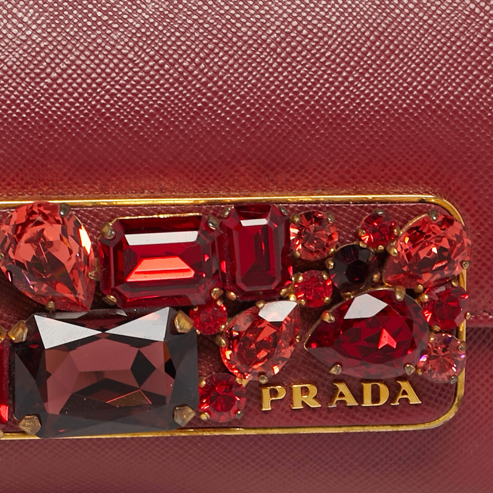 Prada Dark Red Leather Crystal Embellished Flap Continental Wallet thumbnail 5