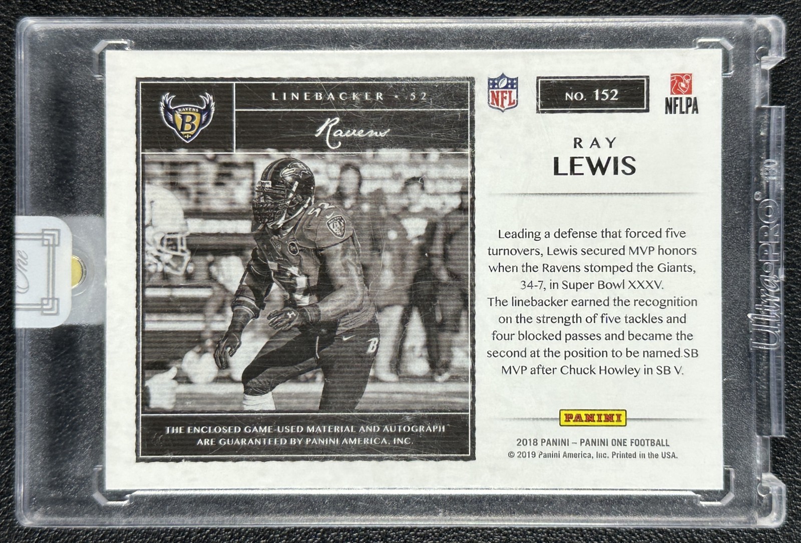 RAY LEWIS 2018 PANINI ONE #152 DUAL GAME-USED JERSEY PATCH AUTO PINK 7/10 RAVENS view 2