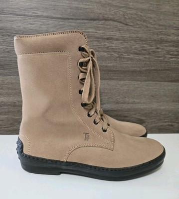 TODs Combat Ankle Boots Beige Suede Womens Shoe Size US 8