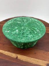 Vtg Hommer Mfg, Jade Marbleized Basket Weave Hard Plastic Sewing Basket Box